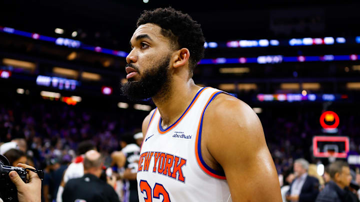 Jan 14, 2026; Sacramento, California, USA; New York Knicks center Karl-Anthony Towns (32) walks off the court after the game against the Sacramento Kings at Golden 1 Center. Mandatory Credit: Sergio Estrada-Imagn Images