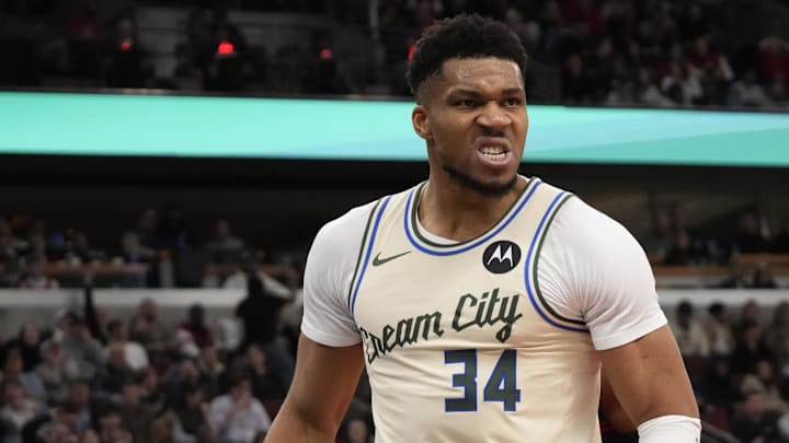 Dec 27, 2025; Chicago, Illinois, USA; Milwaukee Bucks forward Giannis Antetokounmpo (34) reacts after scoring against the Chicago Bulls during the second half at United Center. Mandatory Credit: David Banks-Imagn Images