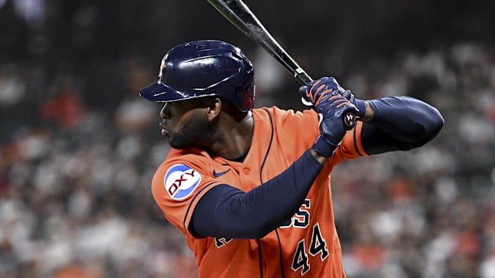 Apr 24, 2026; Houston, Texas, USA; Houston Astros designated hitter Yordan Alvarez (44) at bat in the first inning against the New York Yankees at Daikin Park. Mandatory Credit: Maria Lysaker-Imagn Images