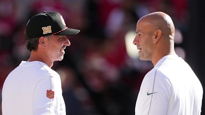 San Francisco 49ers head coach Kyle Shanahan (left) and New York Jets head coach Robert Saleh (right)