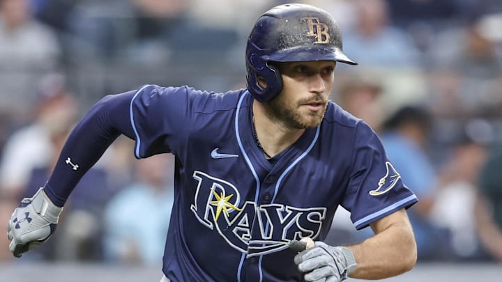 Tampa Bay Rays second baseman Brandon Lowe (8) hits an RBI double in the third inning against the New York Yankees at Yankee Stadium on July 30, 2025. Tampa Bay Rays second baseman Brandon Lowe (8) hits an RBI double in the third inning against the New York Yankees at Yankee Stadium on July 30, 2025.