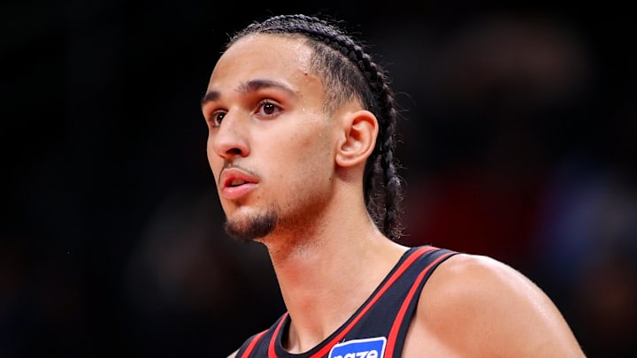 Hawks forward Zaccharie Risacher (10) in action against the Miami Heat in the fourth quarter at State Farm Arena.