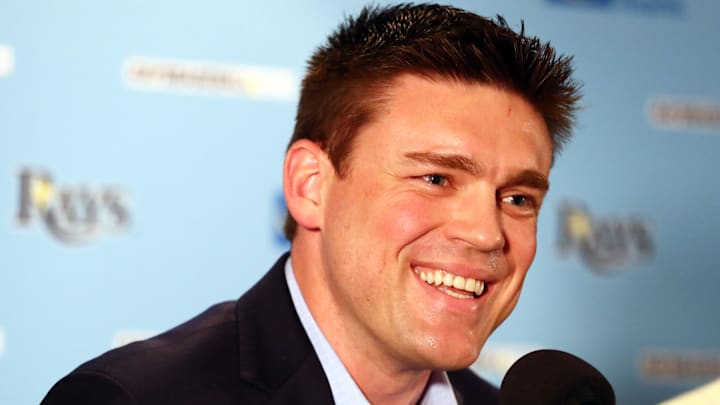 Dec 17, 2019; Tampa, FL, USA; Tampa Bay Rays Sr. Vice President of Baseball Operations and General Manager Erik Neander talks with media during a press conference at Tropicana Field. Dec 17, 2019; Tampa, FL, USA; Tampa Bay Rays Sr. Vice President of Baseball Operations and General Manager Erik Neander talks with media during a press conference at Tropicana Field.