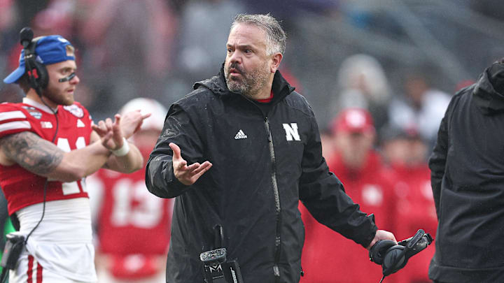 Dec 28, 2024; Bronx, NY, USA; Nebraska Cornhuskers head coach Matt Rhule reacts during the second half against the Boston College Eagles at Yankee Stadium. 