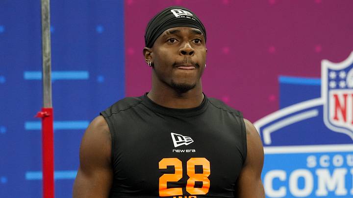 Feb 28, 2026; Indianapolis, IN, USA; Kentucky wideout Kendrick Law (WO28) during the NFL Scouting Combine at Lucas Oil Stadium. Mandatory Credit: Kirby Lee-Imagn Images