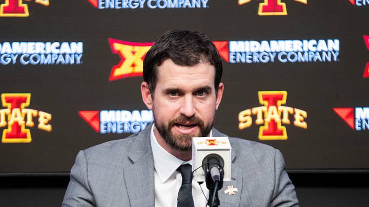 Jimmy Rogers speaks during his introductory press conference as Iowa State’s new head football coach on Dec. 8, 2025, at Iowa State University in Ames, IA.