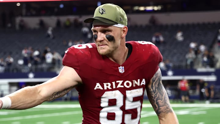 Nov 3, 2025; Arlington, Texas, USA; Arizona Cardinals tight end Trey McBride (85) celebrates after defeating the Dallas Cowboys at AT&T Stadium. Mandatory Credit: Kevin Jairaj-Imagn Images
