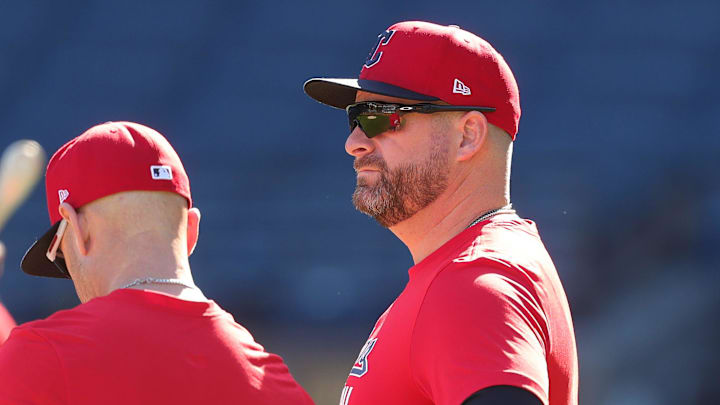 Cleveland Guardians manager Stephen Vogt watches his team warm up before Game 2 of the American League wild card series at Progressive Field, Oct. 1, 2025, in Cleveland, Ohio.