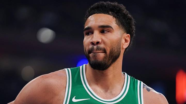 Apr 9, 2026; New York, New York, USA; Boston Celtics forward Jayson Tatum (0) looks on during the first half against the New York Knicks at Madison Square Garden. Mandatory Credit: Lucas Boland-Imagn Images