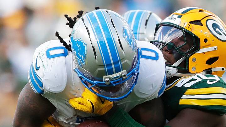 Detroit Lions running back Jahmyr Gibbs (0).