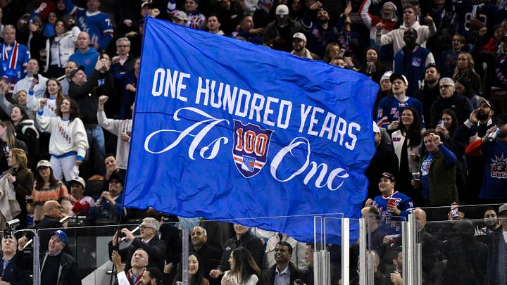 Nov 16, 2025; New York, New York, USA; General view of a flag being waved by New York Rangers staff during the second period against the Detroit Red Wings at Madison Square Garden. Nov 16, 2025; New York, New York, USA; General view of a flag being waved by New York Rangers staff during the second period against the Detroit Red Wings at Madison Square Garden.