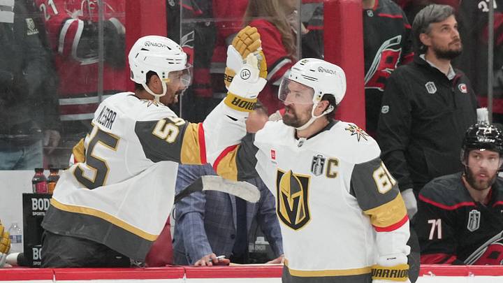 Jun 4, 2026; Raleigh, North Carolina, USA; Vegas Golden Knights right wing Mark Stone (61) celebrates scoring against the Carolina Hurricanes during the third period in game two of the 2026 Stanley Cup Final at Lenovo Center. Mandatory Credit: James Guillory-Imagn Images Jun 4, 2026; Raleigh, North Carolina, USA; Vegas Golden Knights right wing Mark Stone (61) celebrates scoring against the Carolina Hurricanes during the third period in game two of the 2026 Stanley Cup Final at Lenovo Center. Mandatory Credit: James Guillory-Imagn Images