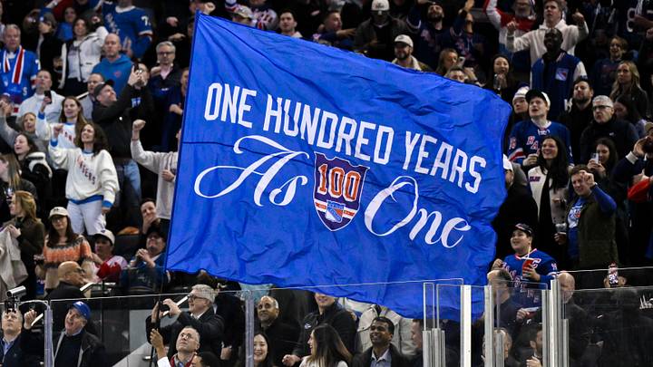 Nov 16, 2025; New York, New York, USA; General view of a flag being waved by New York Rangers staff during the second period against the Detroit Red Wings at Madison Square Garden. Nov 16, 2025; New York, New York, USA; General view of a flag being waved by New York Rangers staff during the second period against the Detroit Red Wings at Madison Square Garden.