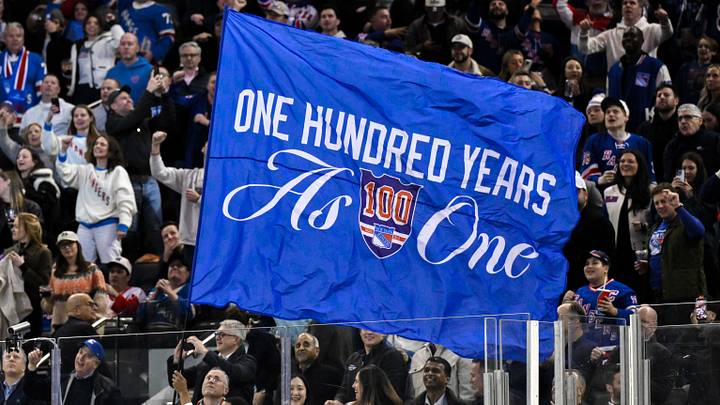 Nov 16, 2025; New York, New York, USA; General view of a flag being waved by New York Rangers staff during the second period against the Detroit Red Wings at Madison Square Garden. Nov 16, 2025; New York, New York, USA; General view of a flag being waved by New York Rangers staff during the second period against the Detroit Red Wings at Madison Square Garden.