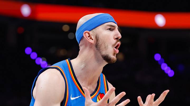 May 20, 2026; Oklahoma City, Oklahoma, USA; Oklahoma City Thunder guard Alex Caruso (9) reacts to a play during the fourth quarter against the San Antonio Spurs during game two of the western conference finals for the 2026 NBA playoffs at Paycom Center. Mandatory Credit: Alonzo Adams-Imagn Images