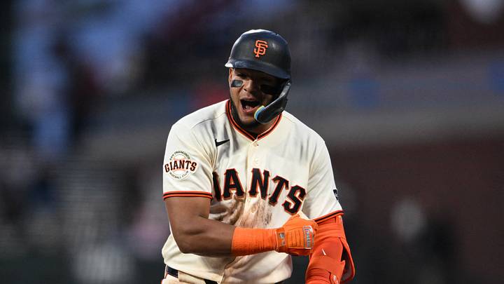 San Francisco, California, USA; San Francisco Giants left fielder Victor Bericoto (78) reacts on first base after hitting a two RBI single against the Toronto Blue Jays in the sixth inning at Oracle Park. Mandatory Credit: Eakin Howard-Imagn Images