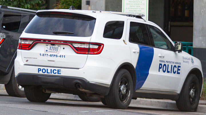 A Federal Protective Service police vehicle sits on Commercial Street NE on Tuesday, June 18, 2025, in Salem, Ore.