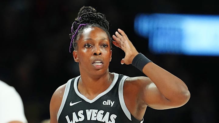 Sep 30, 2025; Las Vegas, Nevada, USA; Las Vegas Aces guard Chelsea Gray (12) calls a play against the Indiana Fever during the third quarter of game five of the second round of the 2025 WNBA Playoffs at Michelob Ultra Arena. Mandatory Credit: Stephen R. Sylvanie-Imagn Images