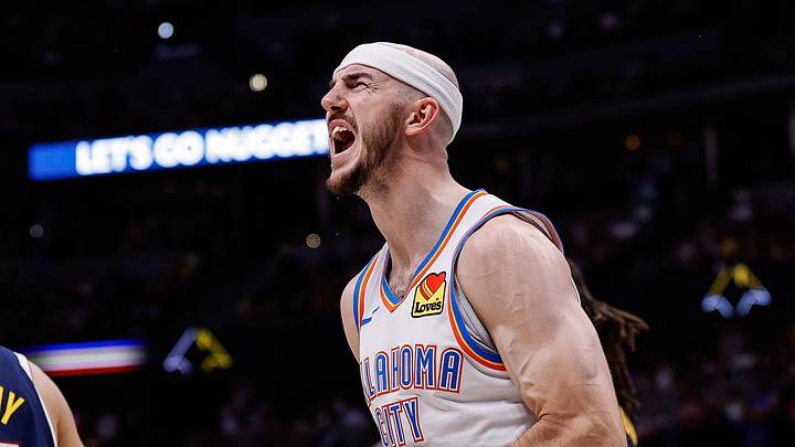May 11, 2025; Denver, Colorado, USA; Oklahoma City Thunder guard Alex Caruso (9) reacts after a play in the fourth quarter against the Denver Nuggets during game four of the second round of the 2025 NBA Playoffs at Ball Arena. Mandatory Credit: Isaiah J. Downing-Imagn Images