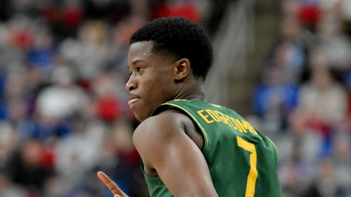 Mar 21, 2025; Raleigh, NC, USA; Baylor Bears guard VJ Edgecombe (7) celebrates during the second half against the Mississippi State Bulldogs in the first round of the NCAA Tournament at Lenovo Center. Mandatory Credit: Zachary Taft-Imagn Images