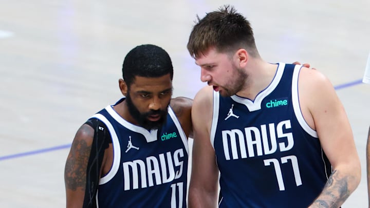 Jun 14, 2024; Dallas, Texas, USA; Dallas Mavericks guard Kyrie Irving (11) reacts with Dallas Mavericks guard Luka Doncic (77) during the second half against the Boston Celtics during game four of the 2024 NBA Finals at American Airlines Center. Mandatory Credit: Kevin Jairaj-Imagn Images Jun 14, 2024; Dallas, Texas, USA; Dallas Mavericks guard Kyrie Irving (11) reacts with Dallas Mavericks guard Luka Doncic (77) during the second half against the Boston Celtics during game four of the 2024 NBA Finals at American Airlines Center. Mandatory Credit: Kevin Jairaj-Imagn Images