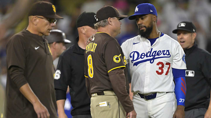 San Diego Padres manager Mike Shildt (8) talks with Los Angeles Dodgers right fielder Teoscar Hernandez (37) as play is about to resume after benches cleared in the eighth inning at Dodger Stadium on June 19.