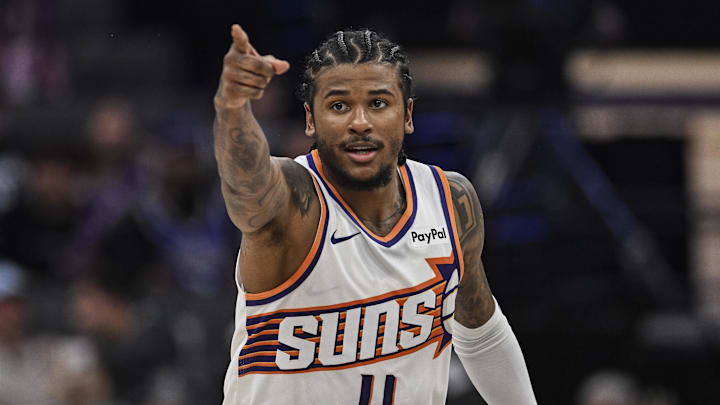 Mar 3, 2026; Sacramento, California, USA; Phoenix Suns guard Jalen Green (4) reacts after a three point basket during the fourth quarter against the Sacramento Kings at Golden 1 Center. Mandatory Credit: Justine Willard-Imagn Images Mar 3, 2026; Sacramento, California, USA; Phoenix Suns guard Jalen Green (4) reacts after a three point basket during the fourth quarter against the Sacramento Kings at Golden 1 Center. Mandatory Credit: Justine Willard-Imagn Images