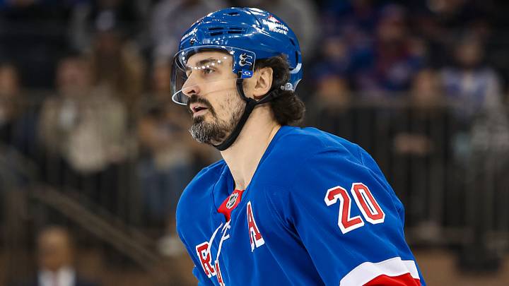 Mar 22, 2025; New York, New York, USA; New York Rangers left wing Chris Kreider (20) during the first period against the Vancouver Canucks at Madison Square Garden. Mandatory Credit: Danny Wild-Imagn Images