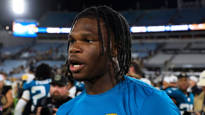 Jacksonville Jaguars wide receiver Travis Hunter (12) walks on the field to greet players after the game of an NFL preseason matchup at EverBank Stadium, Saturday, Aug. 9, 2025 in Jacksonville, Fla. The Steelers defeated the Jaguars 31-25. [Corey Perrine/Florida Times-Union]