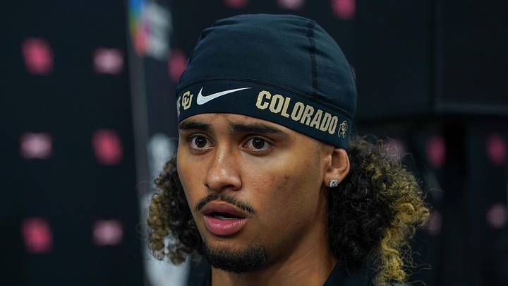 Jul 9, 2025; Frisco, TX, USA; Colorado quarterback Julian Lewis speaks with the media during 2025 Big 12 Football Media Days at The Star. Mandatory Credit: Raymond Carlin III-Imagn Images