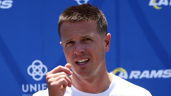 Jul 31, 2024; Los Angeles, CA, USA;  Los Angeles Rams offensive coordinator Mike LaFleur speaks to the media after training camp at Loyola Marymount University. Mandatory Credit: Kiyoshi Mio-Imagn Images