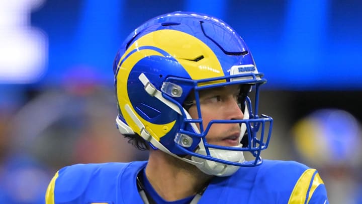 Jan 4, 2026; Inglewood, California, USA;  Los Angeles Rams quarterback Matthew Stafford (9) looks downfield against the Arizona Cardinals during the first half at SoFi Stadium. Mandatory Credit: Jayne Kamin-Oncea-Imagn Images