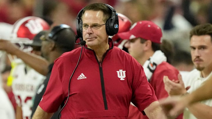 Indiana coach Curt Cignetti walks the sideline Dec. 6, 2025, during the Big Ten title against Ohio State at Lucas Oil Stadium in Indianapolis.
