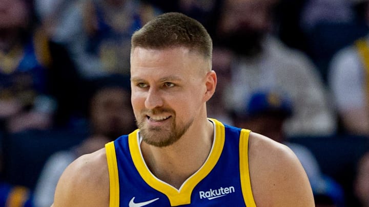 Mar 10, 2026; San Francisco, California, USA; Golden State Warriors center Kristaps Porzingis (7) celebrates during the third quarter against the Chicago Bulls at Chase Center. Mandatory Credit: Bob Kupbens-Imagn Images