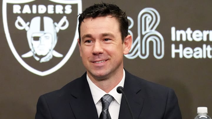 Feb 10, 2026; Henderson, NV, USA; Las Vegas Raiders coach Klint Kubiak speaks at introductory press conference at Intermountain Health Performance Center. Mandatory Credit: Kirby Lee-Imagn Images Feb 10, 2026; Henderson, NV, USA; Las Vegas Raiders coach Klint Kubiak speaks at introductory press conference at Intermountain Health Performance Center. Mandatory Credit: Kirby Lee-Imagn Images