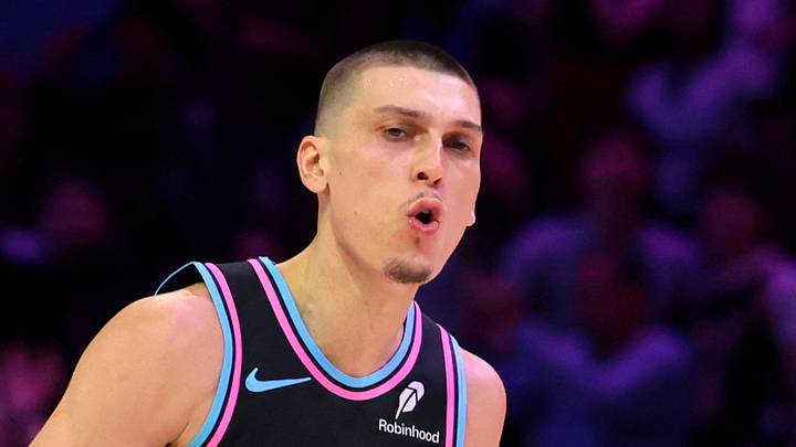 Miami Heat guard Tyler Herro (14) reacts after scoring against the Philadelphia 76ers during the fourth quarter at Kaseya Center on March 30, 2026.