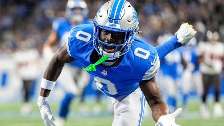 Detroit Lions cornerback Terrion Arnold (0).