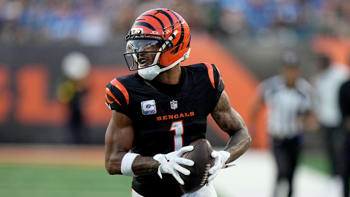 Cincinnati Bengals wide receiver Ja'Marr Chase (1) runs to the end zone for his 2nd touchdown in the 4th quarter at Paycor Stadium on October 5, 2025. The Bengals lost 24-37 to the Detroit Lions.