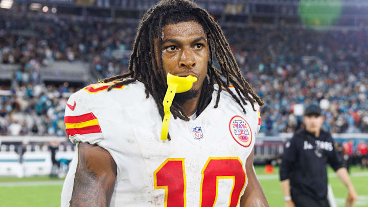 Oct 6, 2025; Jacksonville, Florida, USA; Kansas City Chiefs running back Isiah Pacheco (10) after the game against the Jacksonville Jaguars at EverBank Stadium. Oct 6, 2025; Jacksonville, Florida, USA; Kansas City Chiefs running back Isiah Pacheco (10) after the game against the Jacksonville Jaguars at EverBank Stadium.