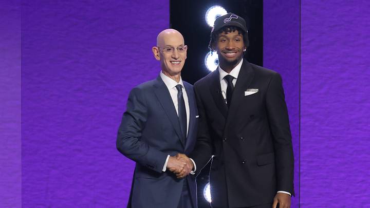 Jun 23, 2026; New York, NY, USA; NBA commissioner Adam Silver greets the second pick in the 2026 NBA draft, Kansas guard Darryn Peterson after he was selected by the Utah Jazz at Barclays Center. Mandatory Credit: Brad Penner-Imagn Images Jun 23, 2026; New York, NY, USA; NBA commissioner Adam Silver greets the second pick in the 2026 NBA draft, Kansas guard Darryn Peterson after he was selected by the Utah Jazz at Barclays Center. Mandatory Credit: Brad Penner-Imagn Images