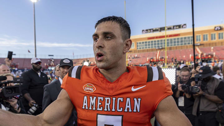 Feb 1, 2025; Mobile, AL, USA; American team wide receiver Jack Bech of TCU (7) is celebrates after catching the game wining touchdown on the final play of the game at Hancock Whitney Stadium. Jack Bech recently lost his brother in the New Year’s Day mass killing in New Orleans. Mandatory Credit: Vasha Hunt-Imagn Images