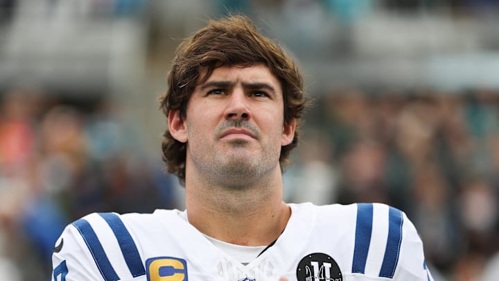 Indianapolis Colts quarterback Daniel Jones stands on the field Indianapolis Colts quarterback Daniel Jones stands on the field