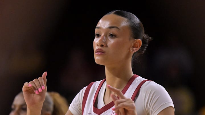 Jan 29, 2026; Los Angeles, California, USA; USC Trojans guard Jazzy Davidson (9) warms up prior to the game against the Iowa Hawkeyes at Galen Center. Mandatory Credit: Jayne Kamin-Oncea-Imagn Images Jan 29, 2026; Los Angeles, California, USA; USC Trojans guard Jazzy Davidson (9) warms up prior to the game against the Iowa Hawkeyes at Galen Center. Mandatory Credit: Jayne Kamin-Oncea-Imagn Images