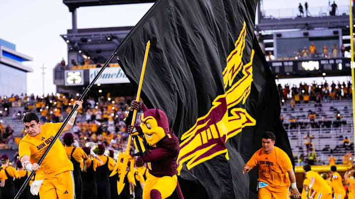 Aug 30, 2025; Tempe, Arizona, USA; Sparky the Sun Devil takes the field pregame between Arizona State Sun Devils and Northern Arizona Lumberjacks at Mountain America Stadium. Mandatory Credit: Arianna Grainey-Imagn Images