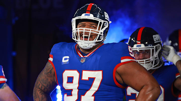 Dec 11, 2023; East Rutherford, New Jersey, USA; New York Giants defensive tackle Dexter Lawrence II (97) looks on before the game against the Green Bay Packers at MetLife Stadium. Mandatory Credit: Vincent Carchietta-Imagn Images Dec 11, 2023; East Rutherford, New Jersey, USA; New York Giants defensive tackle Dexter Lawrence II (97) looks on before the game against the Green Bay Packers at MetLife Stadium. Mandatory Credit: Vincent Carchietta-Imagn Images
