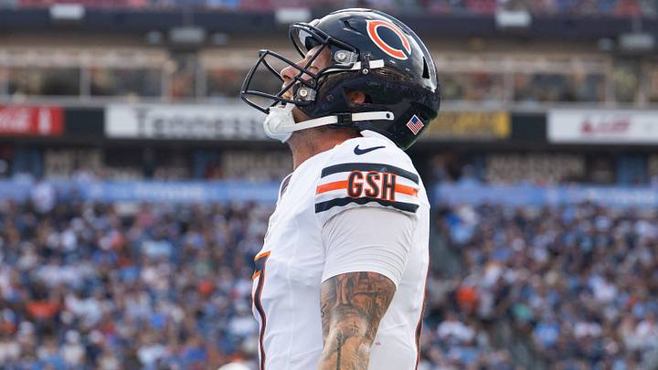 Aug 29, 2026; Nashville, Tennessee, USA; Chicago Bears quarterback Tyson Bagent (17) celebrates his run against the Tennessee Titans during the first half at Nissan Stadium. Mandatory Credit: Steve Roberts-Imagn Images
