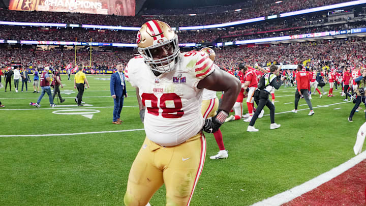 Feb 11, 2024; Paradise, Nevada, USA; San Francisco 49ers defensive tackle Javon Hargrave (98) reacts after losing Super Bowl LVIII against the Kansas City Chiefs at Allegiant Stadium. Mandatory Credit: Kirby Lee-Imagn Images