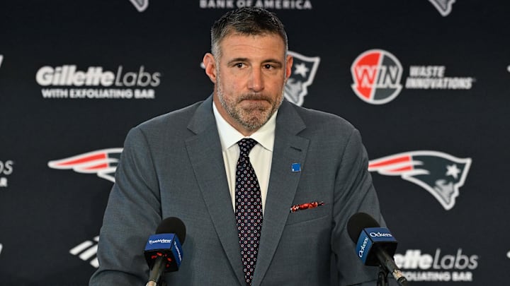 Jan 13, 2025; Foxborough, MA, USA; Mike Vrabel addresses media at a press conference to announce his hiring as the New England Patriots head coach at Gillette Stadium. Mandatory Credit: Eric Canha-Imagn Images