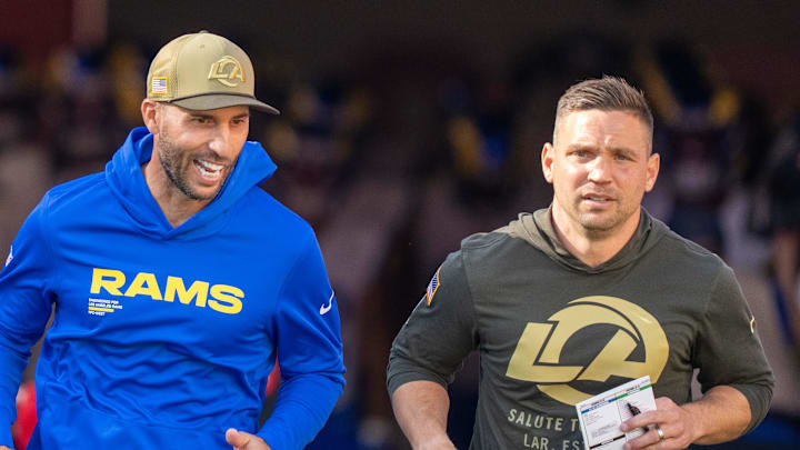 November 9, 2025; Santa Clara, California, USA; Los Angeles Rams quarterbacks coach Dave Ragone (left) and defensive coordinator Chris Shula (right) before the game against the San Francisco 49ers at Levi's Stadium. Mandatory Credit: Kyle Terada-Imagn Images