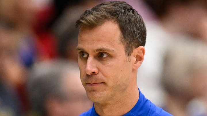Jan 17, 2026; Stanford, California, USA; Duke Blue Devils head coach Jon Scheyer looks on against the Stanford Cardinal in the first half at Maples Pavilion. Mandatory Credit: Eakin Howard-Imagn Images